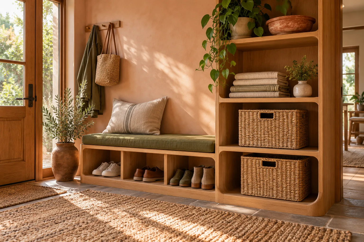 Illustrative oak entryway with woven storage and olive upholstery
