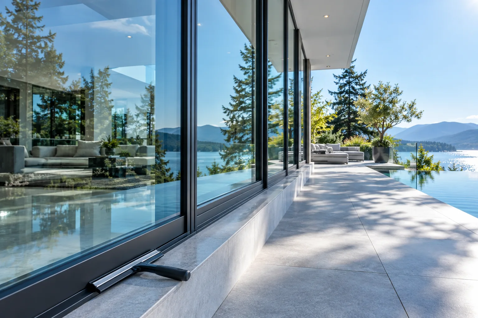 Illustrative glass architecture opening onto a garden patio